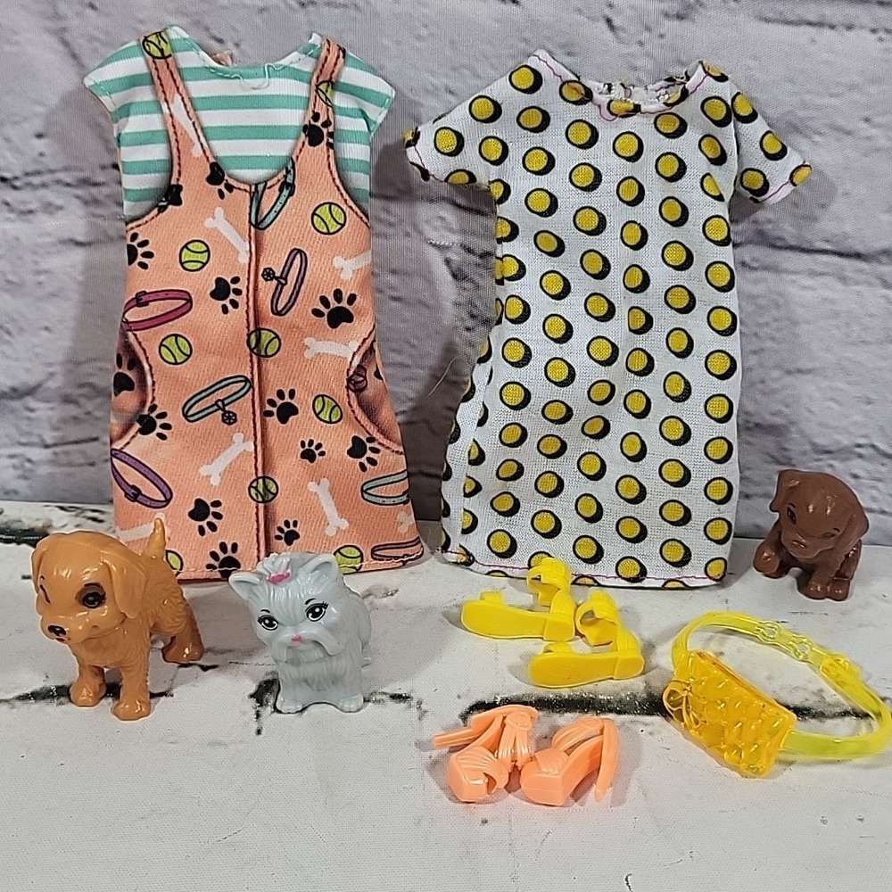 Barbie Doll Clothes Lot Pet Sitter Dog Walker Dresses Shoes W/ Puppy Figures